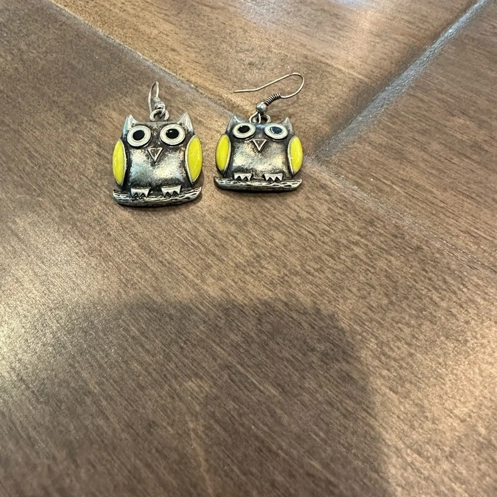 Owl earrings- silver color and yellow detail